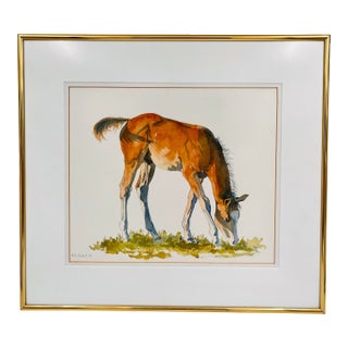Original Signed Equestrian Watercolor Painting - Grazing Chestnut Horse Portrait, Framed and Matted For Sale