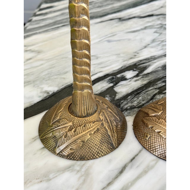 Metal Made in India British Colonial Solid Brass Palm Tree Candle Holders - A Pair For Sale - Image 7 of 9