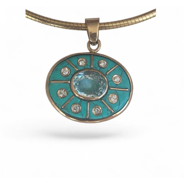 2020s Sol Pendant, Turquoise With Blue Topaz, Diamonds & 14k Gold For Sale - Image 5 of 12