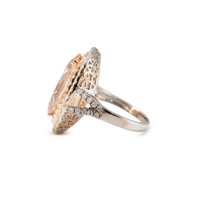 Early 21st Century Ladies 14k White & Rose Gold 11.35ctw Oval Morganite Halo Diamond Cocktail Ring, Size 6.75 For Sale - Image 5 of 10