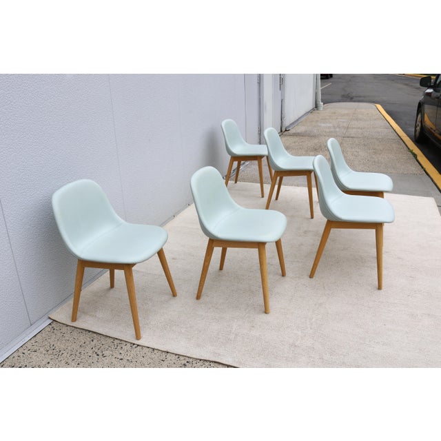 Danish Iskos-Berlin for Muuto Blue Leather Fiber Side Chairs Wood Base, Set of 6 For Sale In New York - Image 6 of 18
