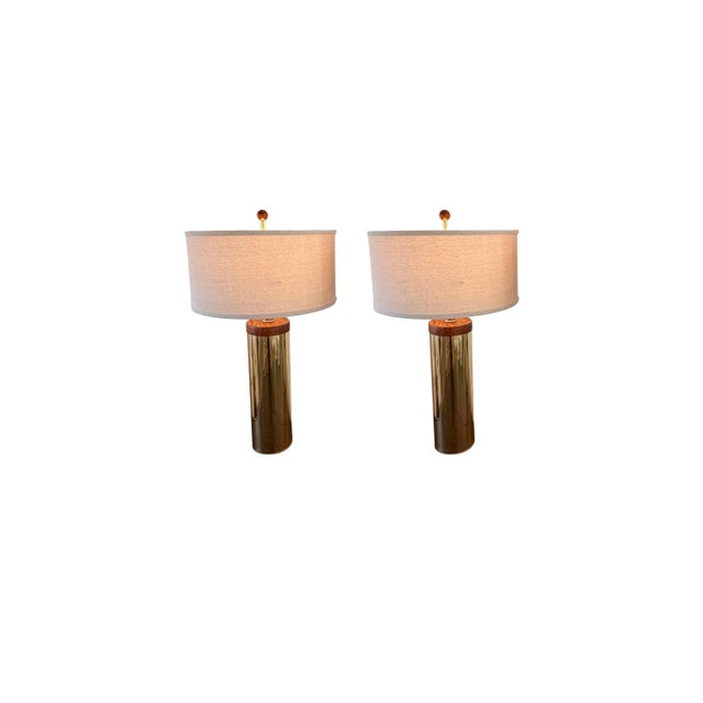 Mid Century Brass and Wood Cylinder Lamps Attributed to Laurel, Pair For Sale - Image 6 of 9
