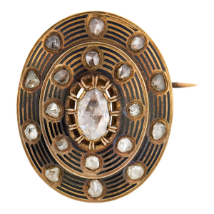 19th Century French Victorian Rose Cut Diamond 18k Yellow Gold Enamel Brooch