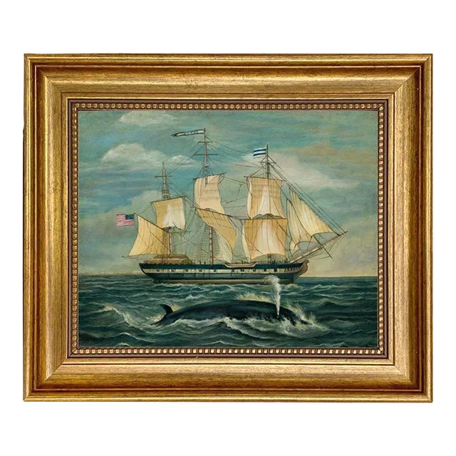 American Whaling Ship With Sperm Whale 8x10" Print on Canvas, Gold Frame For Sale