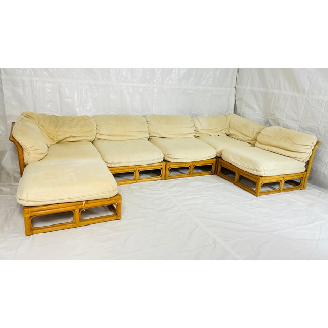 Mid-Century Modern Vintage 6-Piece Bamboo Modular Sofa, Cream Upholstery, 1970s For Sale - Image 3 of 18
