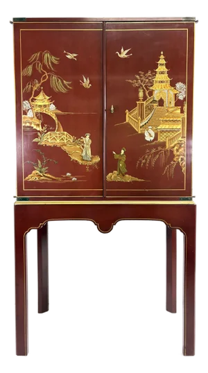Mid-Century Vintage Hand Painted Cinnabar Chinoiserie Cabinet