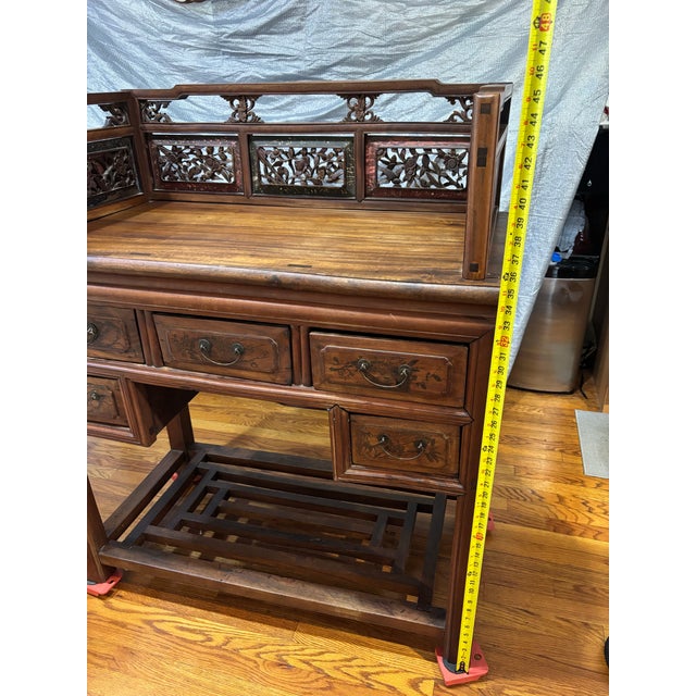 Antique Chinese Hand-Painted Orchid & Bamboo Hardwood Vanity Desk For Sale - Image 11 of 12