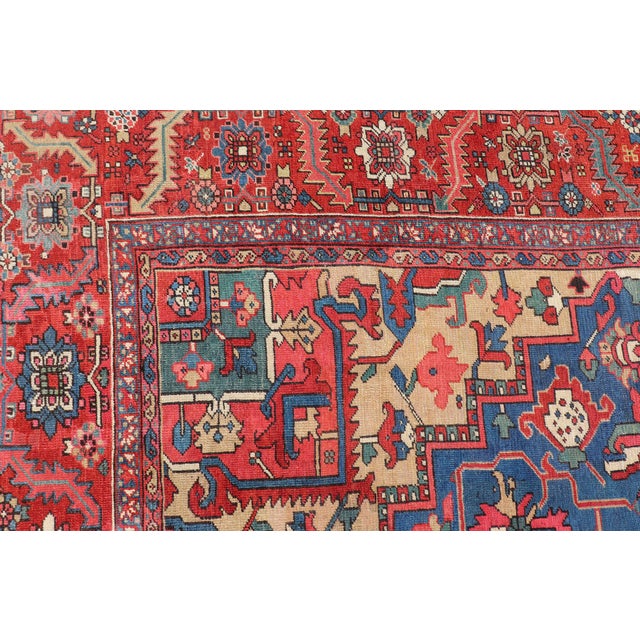 Antique Persian Heriz Serapi Rug With Blue Field Geometric Medallion Design For Sale - Image 9 of 17