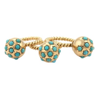 Set of 3 Turquoise Ball Wire Cable 18k Yellow Gold Band Rings - Size 5 For Sale