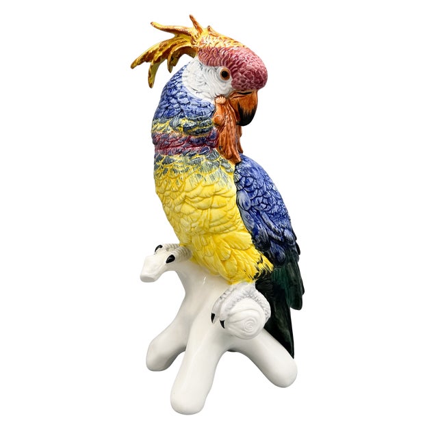 Pair of Italian Chelsea House Vintage Hand-Painted Ceramic Cockatoo Parrot Figures – Hollywood Regency / Tropical Revival For Sale - Image 10 of 12