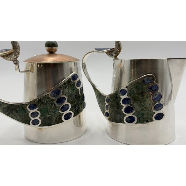 1970s Wolmar Castillo "Peacock" Creamer, Sugar Pot & Ladle W/ Malachite & Lapis Inlay For Sale - Image 15 of 18