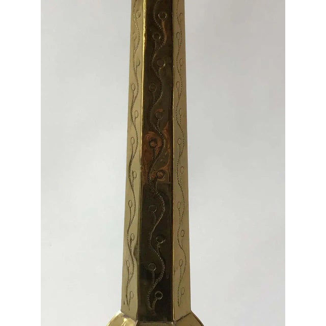 1970s Large Brass Embossed Floor Candlestick For Sale - Image 4 of 13
