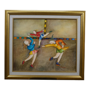 Late 20th Century Joyce Roybal Children Ice Skating Dancing Oil Painting on Canvas 31"