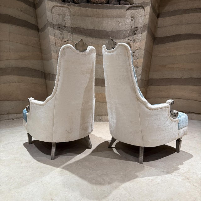 Hollywood Regency French Hollywood Regency Original Pair Armchairs Tufted Blue White Velvet For Sale - Image 3 of 8
