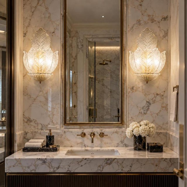Pair of beautiful murano glass leave sconces with brass fittings. Production by Veneziani Arte . Elegant pair of Murano...