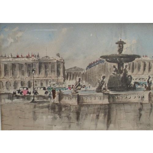 Original vintage 1950s mid century framed artwork prints from Guy de Neyrac. Matching set from the Place de la Concorde...