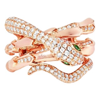 Late 20th Century 14K Rose Gold Snake Wraparound Emerald Diamond Ring Estate by EFFY, Size 7 For Sale