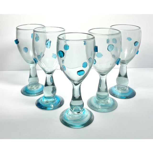 Mexican Mexican Aqua Blue Confetti Raised Pebble Mexican Blown Wine or Water Glasses - 5 pcs For Sale - Image 3 of 8