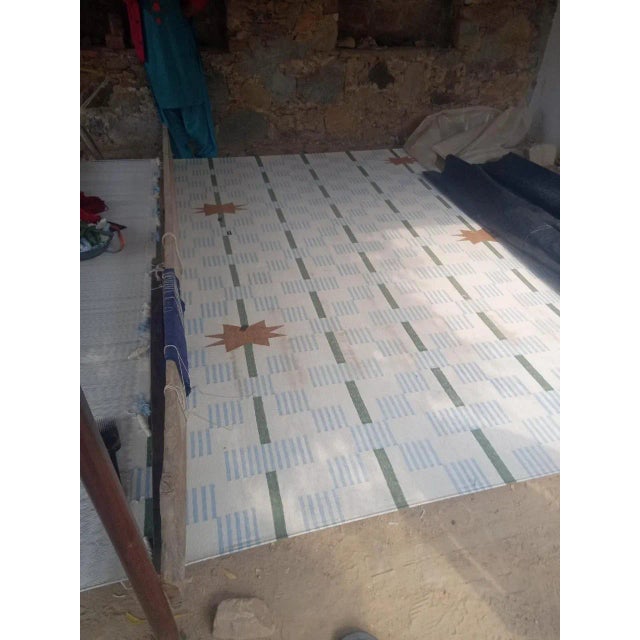 Handmade Cotton Area Rug, Cream, Sky Blue, Green and Tan Star Dash Striped Dhurrie - 9'x12' For Sale - Image 11 of 12