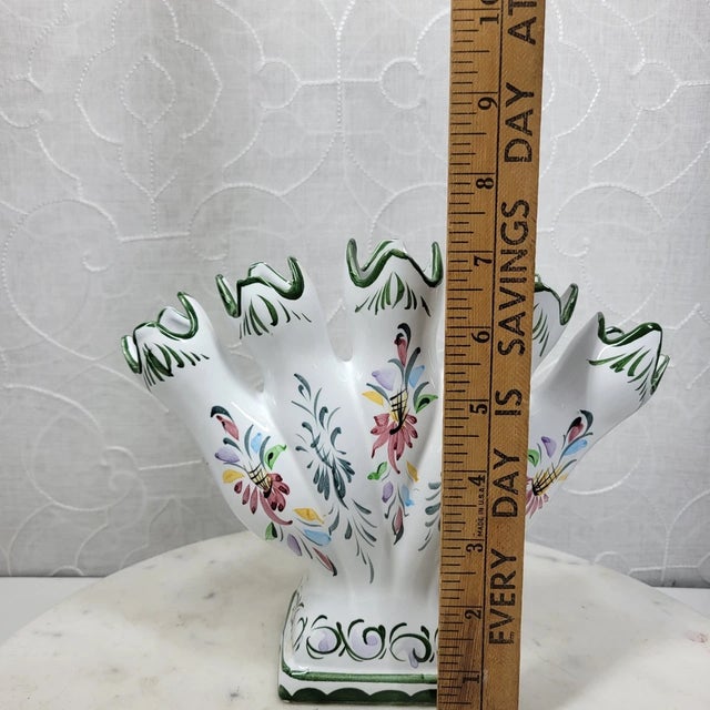 White Vintage RCCL Portugal White Floral Hand Painted 5 Finger Tulipiere Bud Vase For Sale - Image 8 of 9