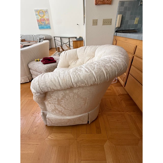Baker Hollywood Regency Suite C1990: Tufted Chesterfield Sofa, Tufted Barrel Club Chair, Rolled-Arm Club Chair For Sale - Image 10 of 16