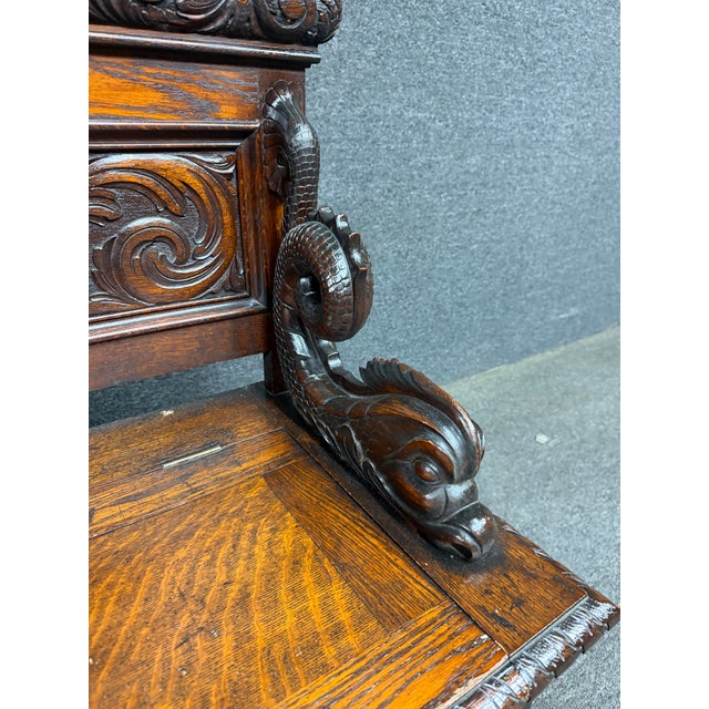 Brown Rj Horner Style American Carved Quarter Sawn Oak Hall Bench With Lift Seat Storage For Sale - Image 8 of 12