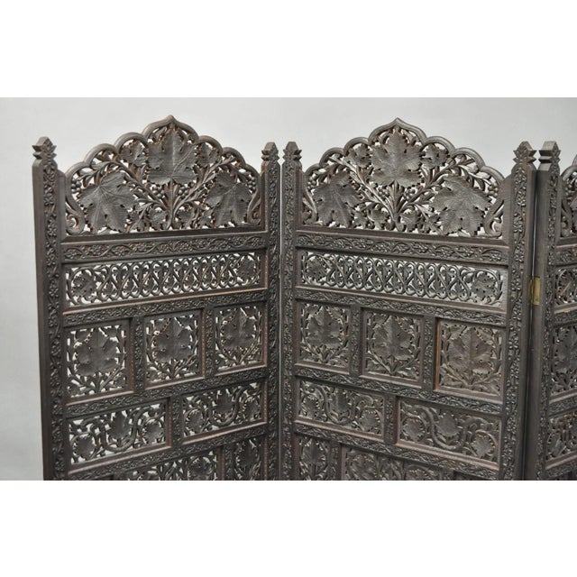 English Vintage Anglo Indian Carved Teak Wood 4 Panel Room Divider Folding Screen For Sale - Image 3 of 15