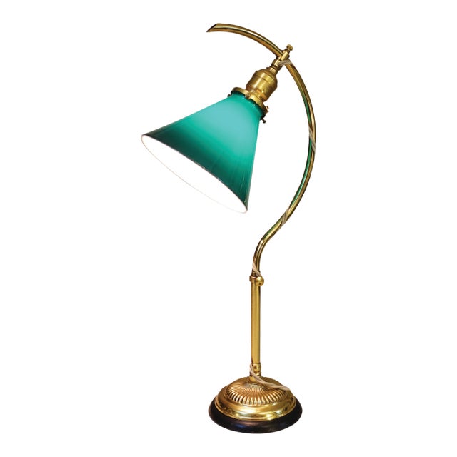 Vintage Faries Industrial Machine Age Brass 'C' Table Emeralite Shade Lamp 1910's Oc White Era Original Pristine Condition For Sale