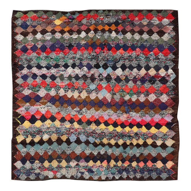 Vintage Moroccan Rag Rug With Diamond Pattern in Multicolor Tones 5'5 X 5'10 For Sale