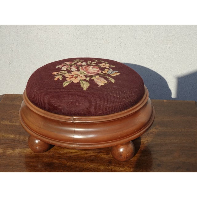 French Country Footstool - Vintage French Country Burgundy Floral Needlepoint Petite Footstool For Sale - Image 3 of 13