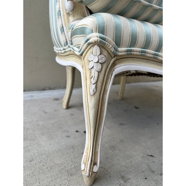 Vintage French Louis XV Style Striped Silk Bergère Chair With Matching Pillow For Sale - Image 13 of 16