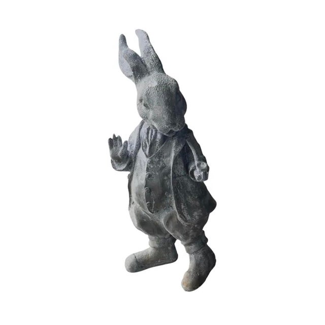 Vintage Whimsical Cast Iron Dapper Rabbit Garden Statue Holding a Pipe For Sale - Image 4 of 12