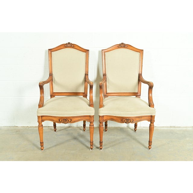 Baker Furniture Style French Regency Louis XVI Carved Walnut Armchairs or Dining Captain Chairs, Pair For Sale - Image 13 of 13