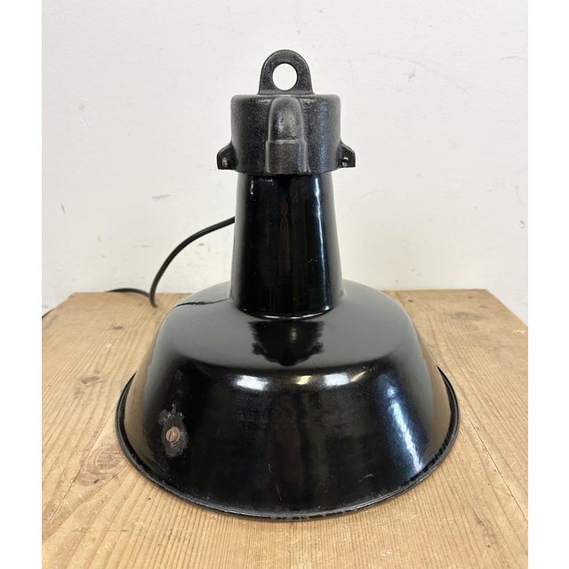 Industrial Black Enamel Factory Lamp with Cast Iron Top, 1960s For Sale - Image 15 of 18
