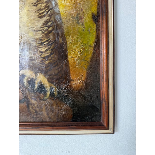 Brown 1970's Vintage Elaine Sinnard (American, 1926–2012) “Owl on Tree” Still Life Oil on Canvas Painting – Framed For Sale - Image 8 of 10