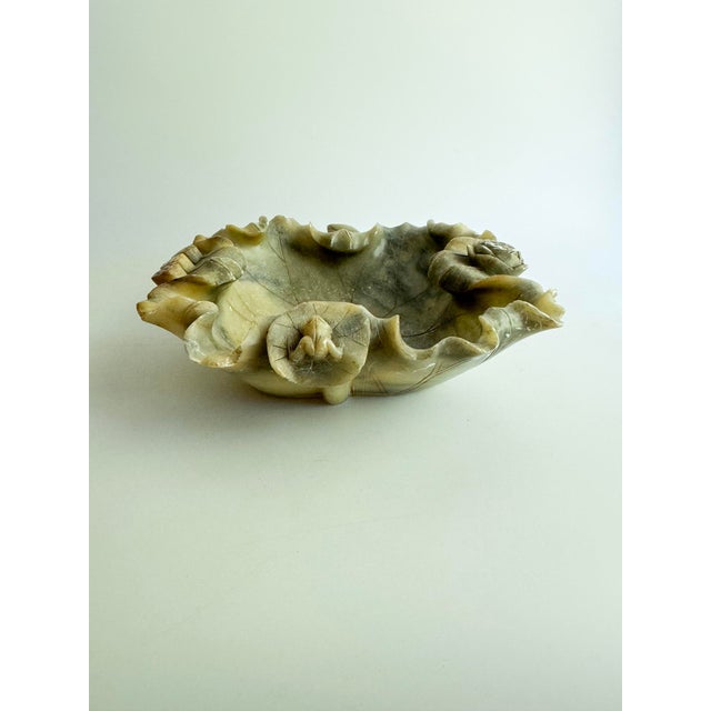Alabaster Vintage Hand Carved Soapstone Lotus Leaf Bowl With Floral Motifs For Sale - Image 8 of 12
