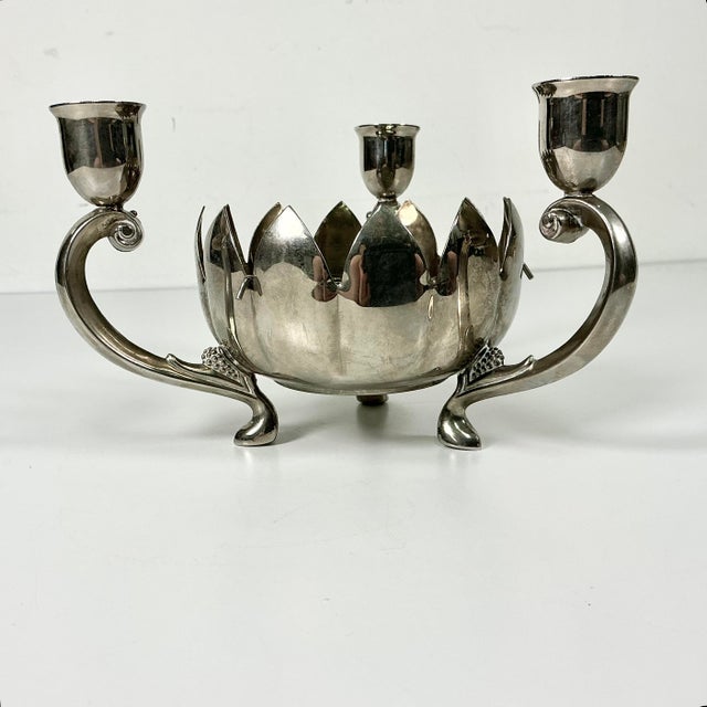 Mid-Century Chinoiserie Hollywood Regency Lotus Flora Centerpiece Vase With Three Candleholders For Sale - Image 9 of 12