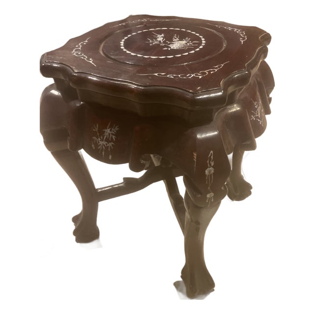 Vintage Chinese Mother of Pearl Inlaid Rosewood Table or Garden Stool For Sale