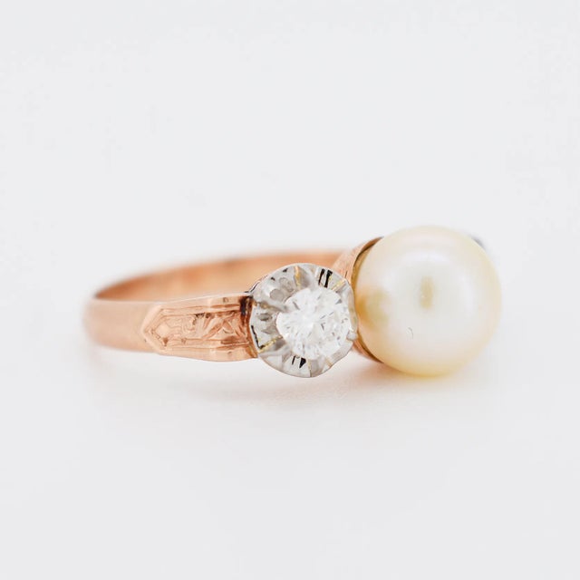 Contemporary Antique Trilogy Gold Pearl Diamond Ring, Size 7.75 For Sale - Image 3 of 7