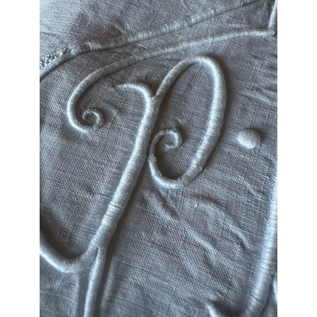 Early 21st Century Antique French Linen Sheet Circa 1920 Pf Monogram Whitework Embroidery Handworked Hemstitch Trousseau Bedding For Sale - Image 5 of 12