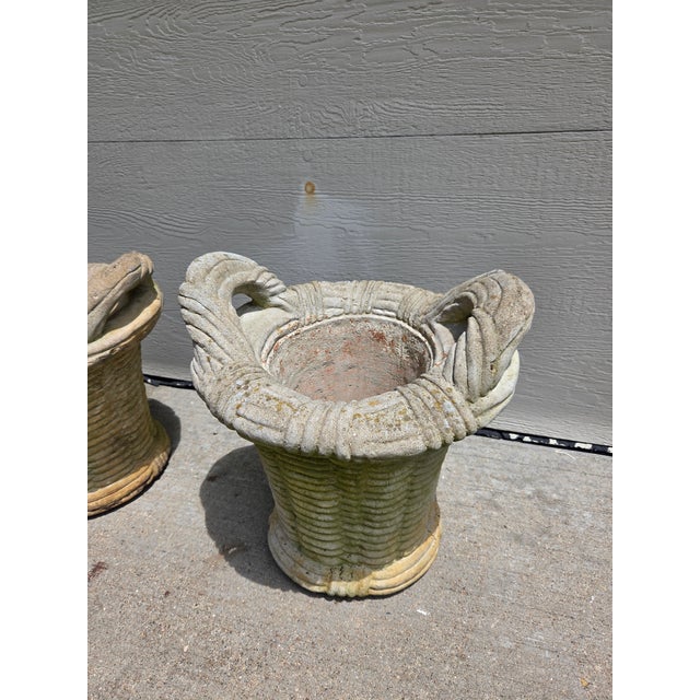 Vintage Cast Stone Concrete Cement Woven Basket Garden Planters- A Pair For Sale In Indianapolis - Image 6 of 6