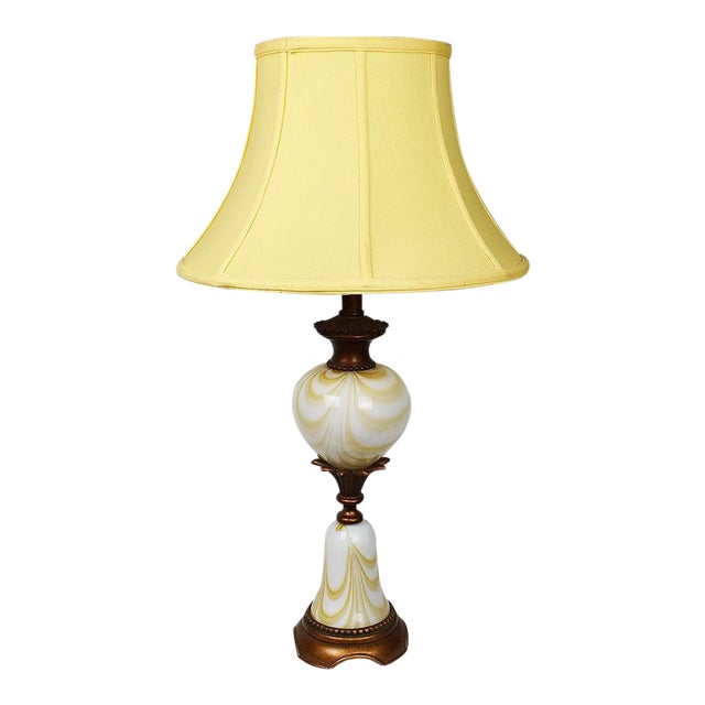 Yellow and White Marbled Murano Art Glass Table Lamp With Shade For Sale