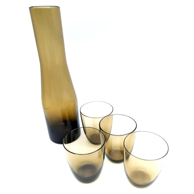 Vintage Scandinavian Smoke Brown Blown Glass Carafe and Tumblers, Set of 5 For Sale In Miami - Image 6 of 10