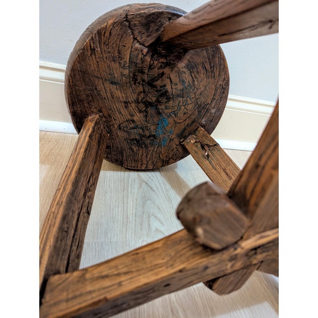 Antique Primitive Chinese Elm Wood Stool - 1920s Wabi-Sabi For Sale - Image 11 of 13