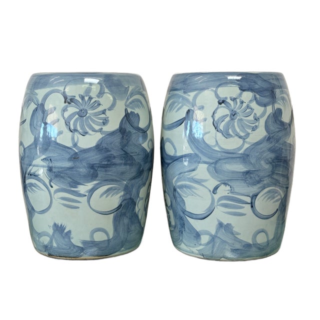 This is a beautiful pair blue and white large abstract lotus flower porcelain garden stool. This has an amazing design and...