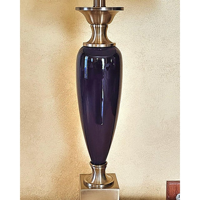 Metal Transitional Style Brass & Deep Purple Ceramic Table Lamp For Sale - Image 7 of 12
