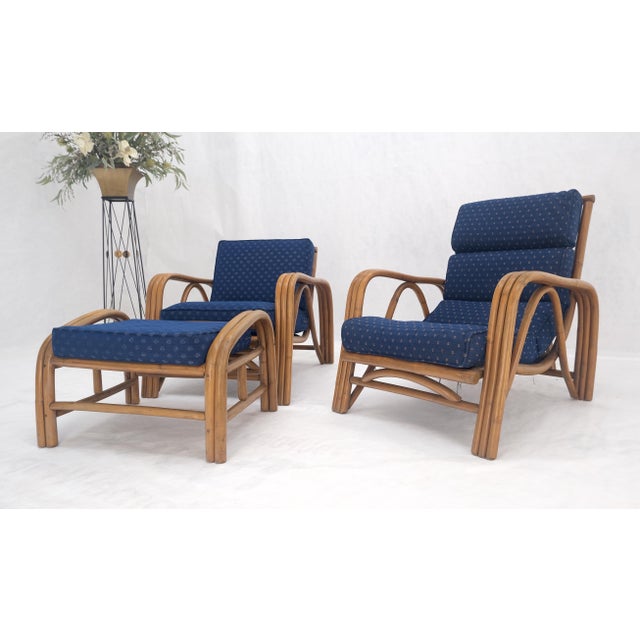 Brown His & Hers Rattan Bamboo Mid Century Modern Lounge Chairs Ottoman - 3 Pieces For Sale - Image 8 of 11