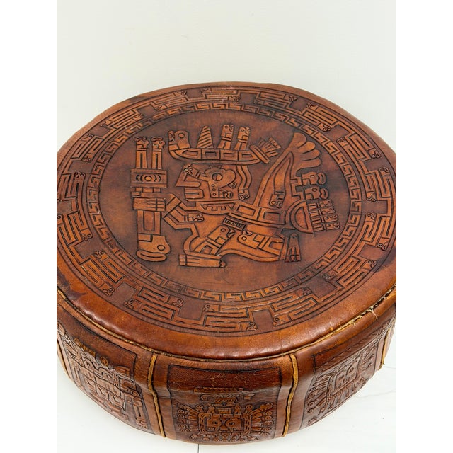 Figurative Vintage Peruvian Hand-Tooled Leather Ottoman For Sale - Image 3 of 17
