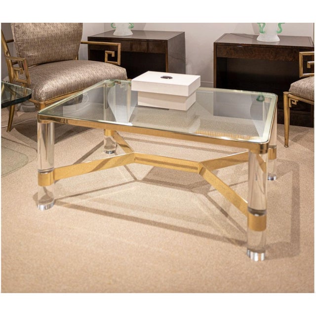 Modern Karl Springer Authentic Signed Lucite and Brass Coffee Table For Sale - Image 3 of 5