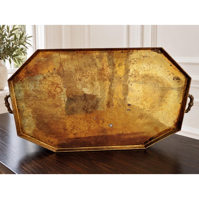 Oversized Vintage Hand-Tooled Brass Gallery Tray With Raised Rail & Handles For Sale - Image 4 of 8